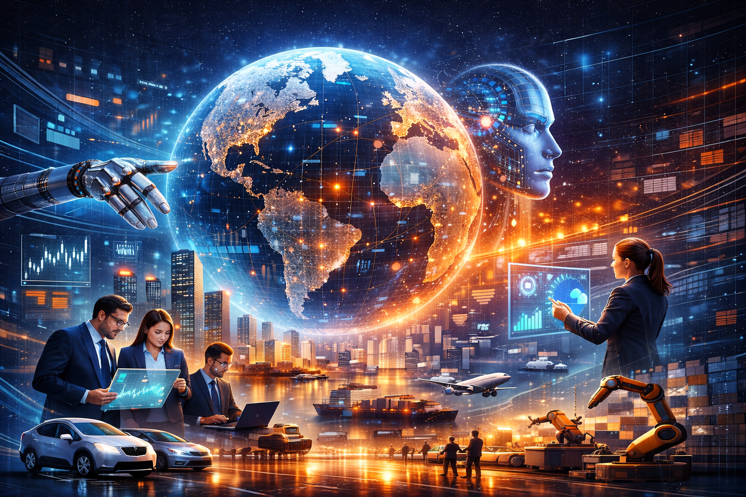 Artificial intelligence integrated into business operations, illustrating AI-driven scalability and global results in 2026