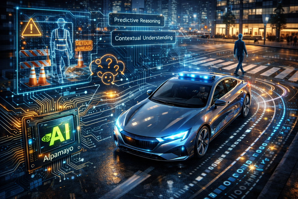 Nvidia Alpamayo AI system visualized inside an autonomous vehicle, showing real-time reasoning, decision-making layers, and sensor data processing for complex driving scenarios.