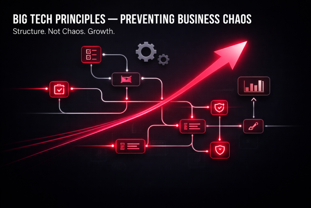 Diagram illustrating big tech principles, structured workflows, security, and process optimization leading to scalable business growth
