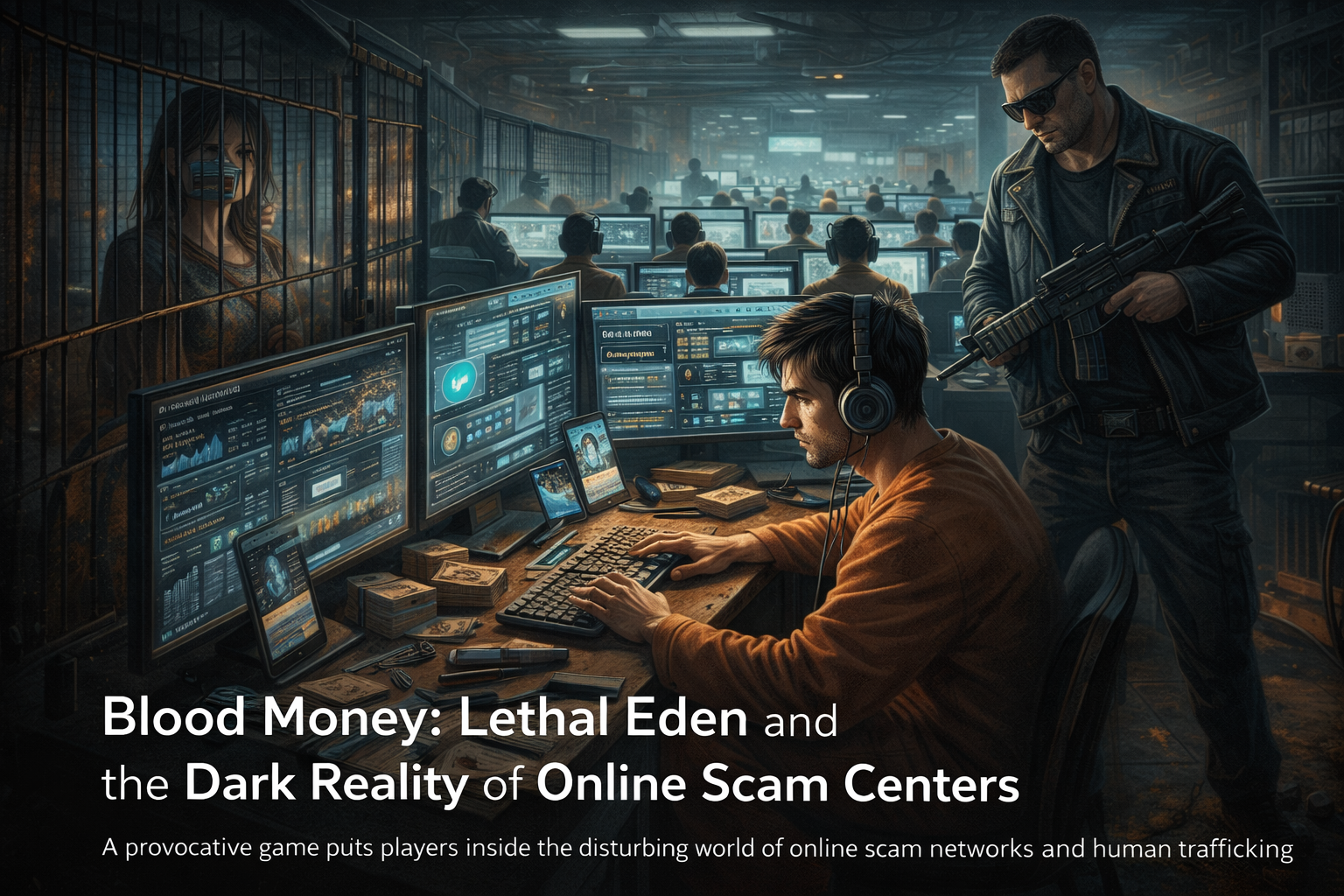A fictional depiction of an online scam center inspired by the game Blood Money: Lethal Eden, highlighting forced digital fraud operations