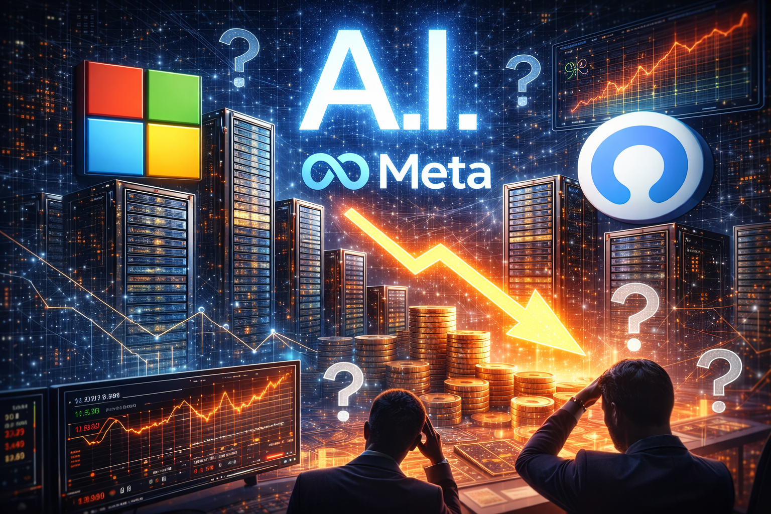 Big Tech companies invest billions in artificial intelligence infrastructure amid investor uncertainty about returns.