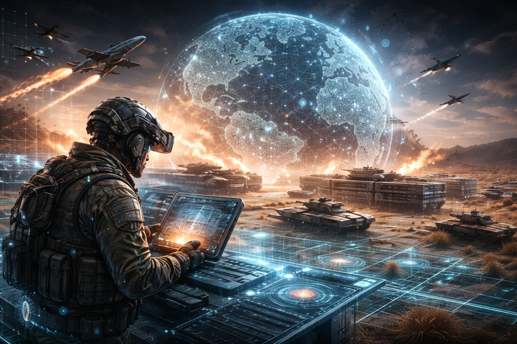 Cyber warfare integrated with traditional military operations, illustrating how digital attacks are becoming part of modern military strategy.