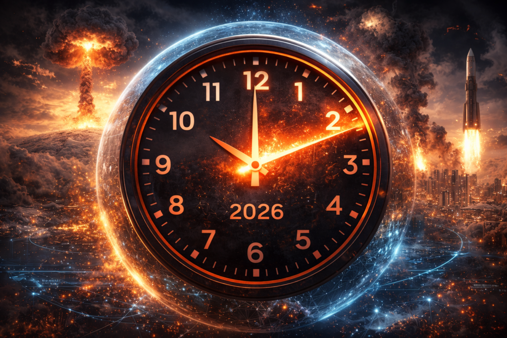 Digital illustration of the Doomsday Clock set at 85 seconds to midnight, symbolizing global risks such as nuclear war, climate change, artificial intelligence and geopolitical conflict in 2026