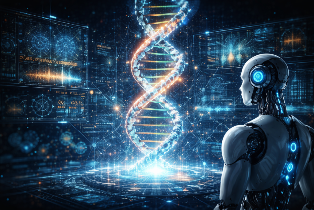 AI system analyzing complex human DNA sequences to understand genetic regulation
