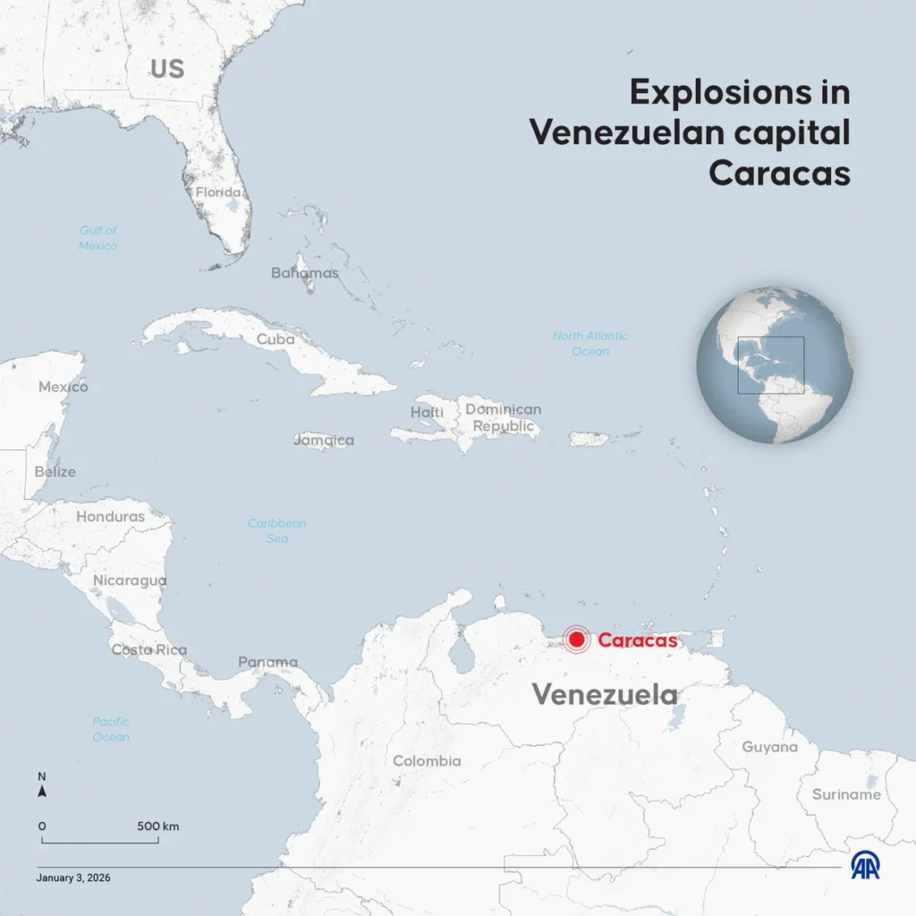 Map showing the location of Caracas, Venezuela, where explosions were reported during U.S. military strikes
