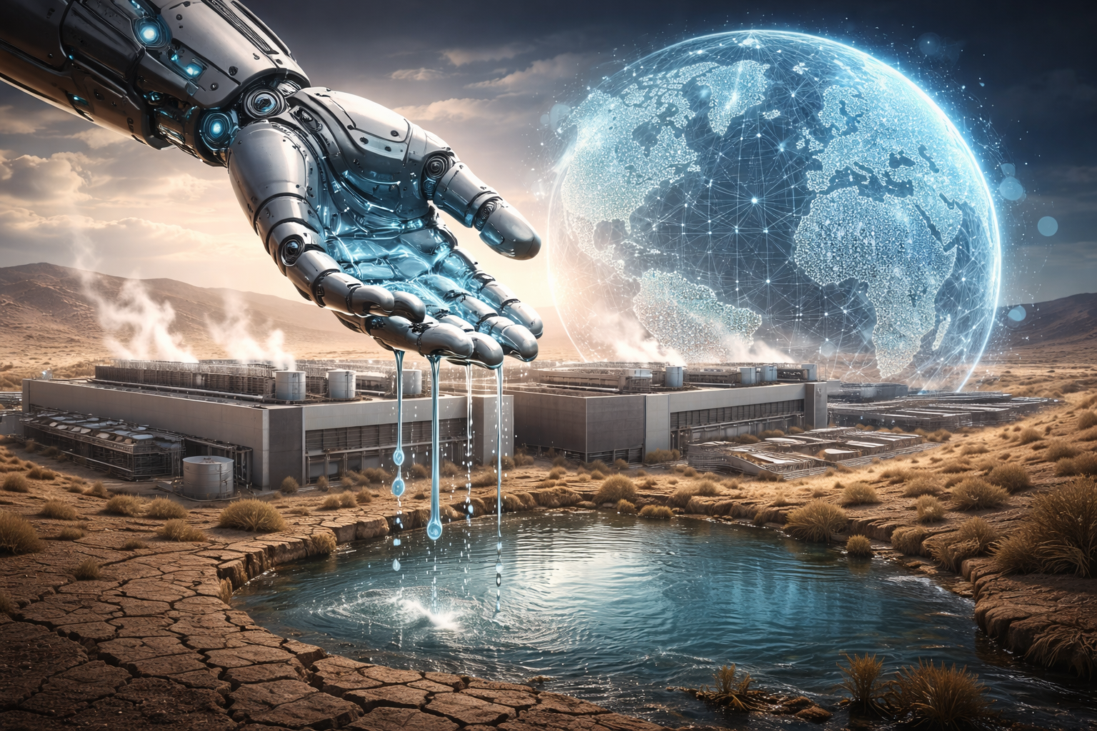 Illustration showing the environmental impact of artificial intelligence, with data centers consuming water in a drought-affected landscape