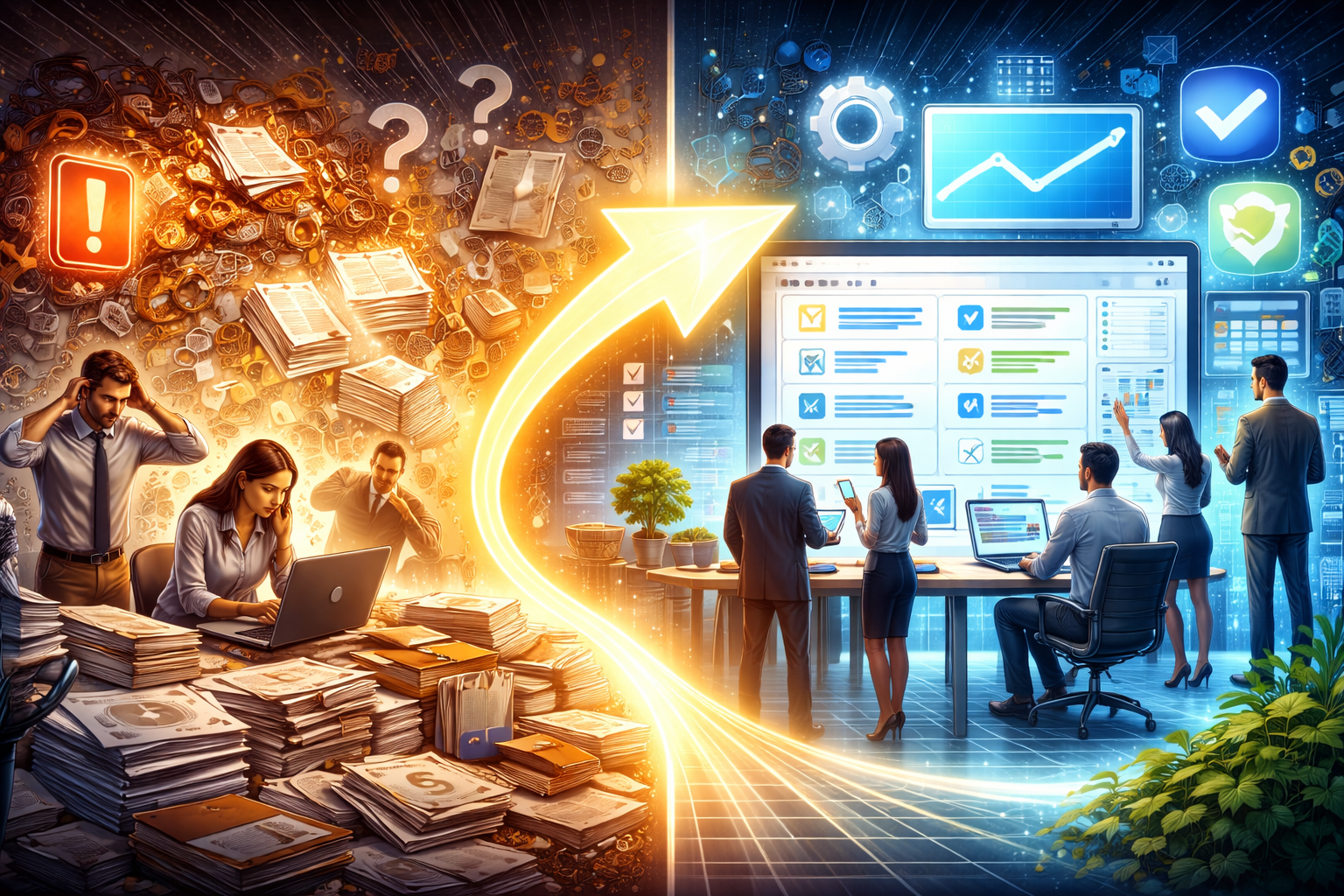 Business process management illustrating the transition from organizational chaos to structured and efficient workflows.