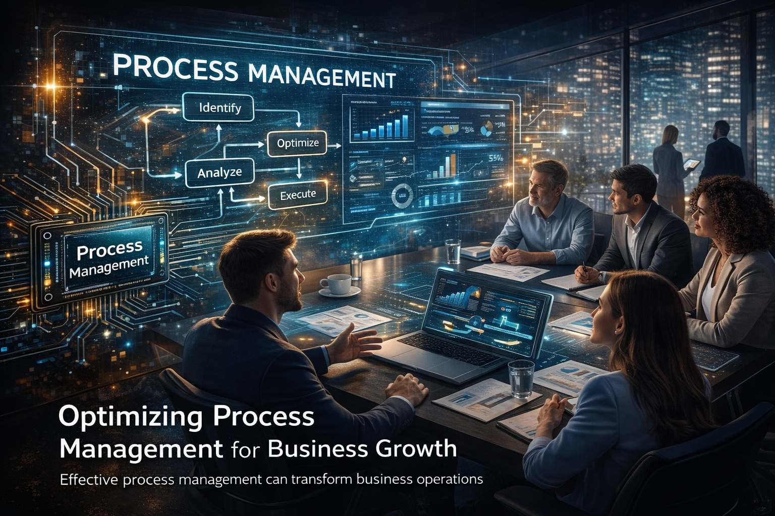Process management visualization showing teams optimizing workflows with technology