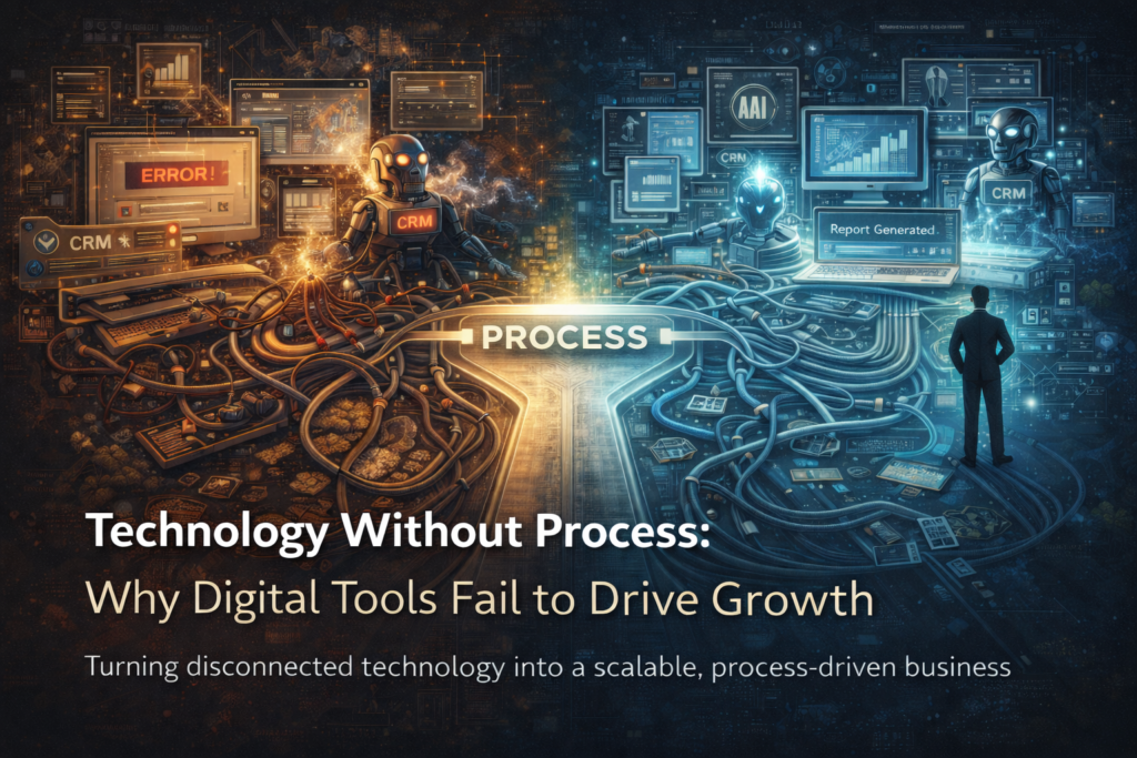 Illustration showing the contrast between chaotic technology without process and structured, process-driven digital systems enabling business growth
