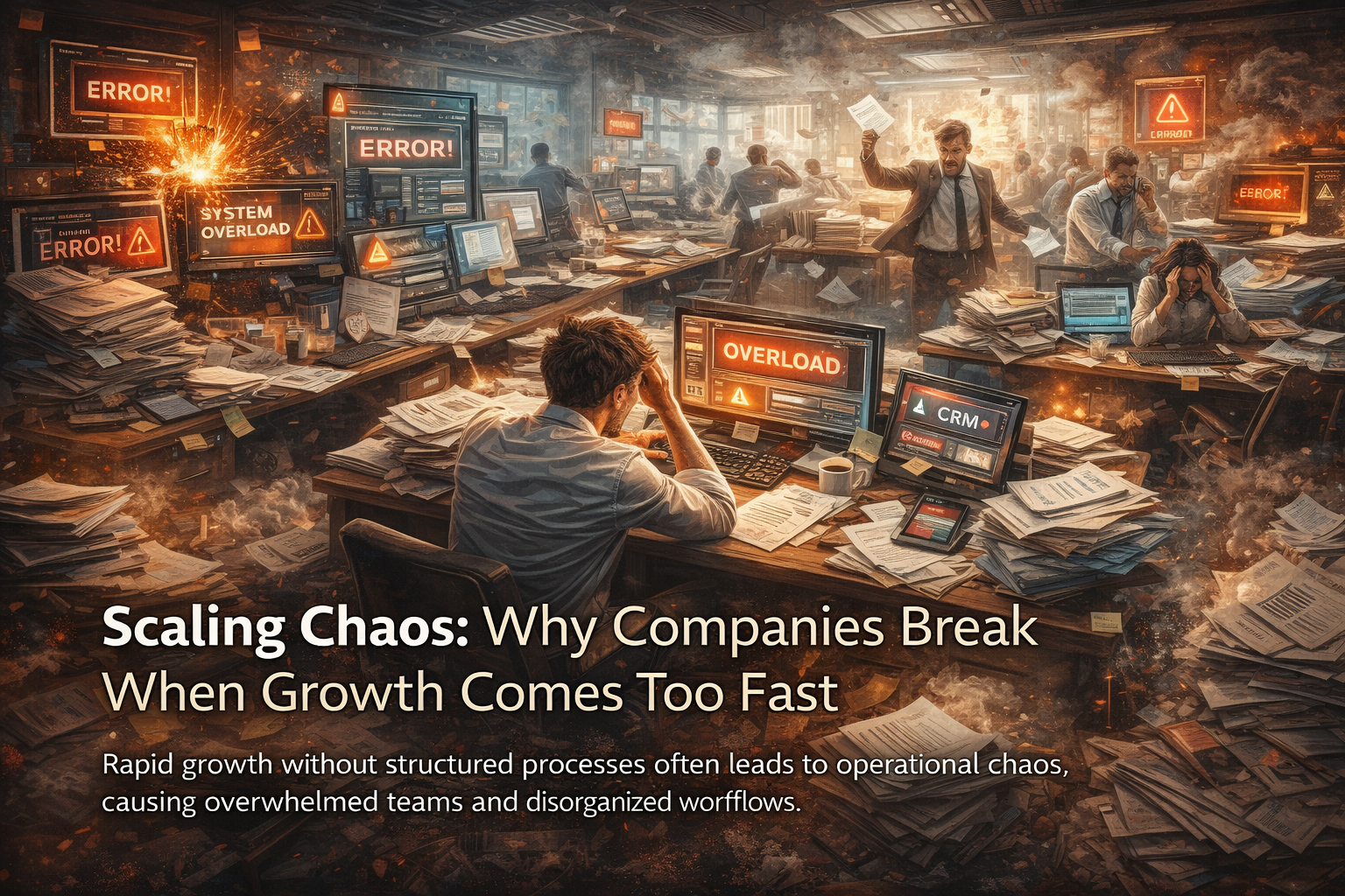 Illustration showing business growth turning into chaos due to lack of structured processes, contrasted with organized, scalable operations