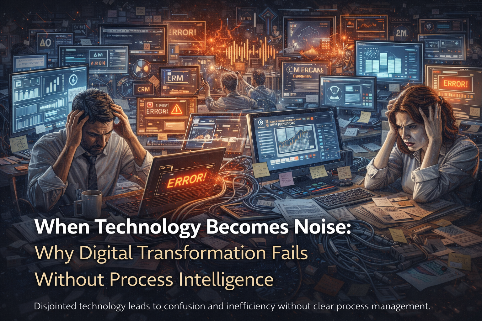 Overloaded digital workplace showing professionals overwhelmed by disconnected systems, errors, and chaotic dashboards, representing digital transformation failure without process intelligence.