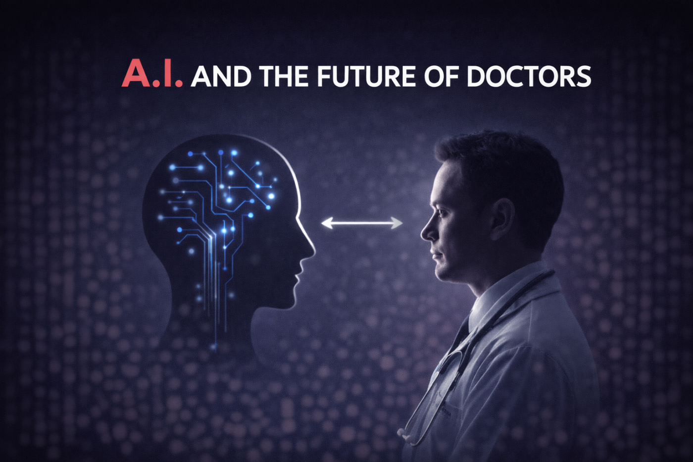 A minimalist illustration showing a doctor and an artificial intelligence system facing each other, symbolizing the evolving role of physicians in the age of A.I.