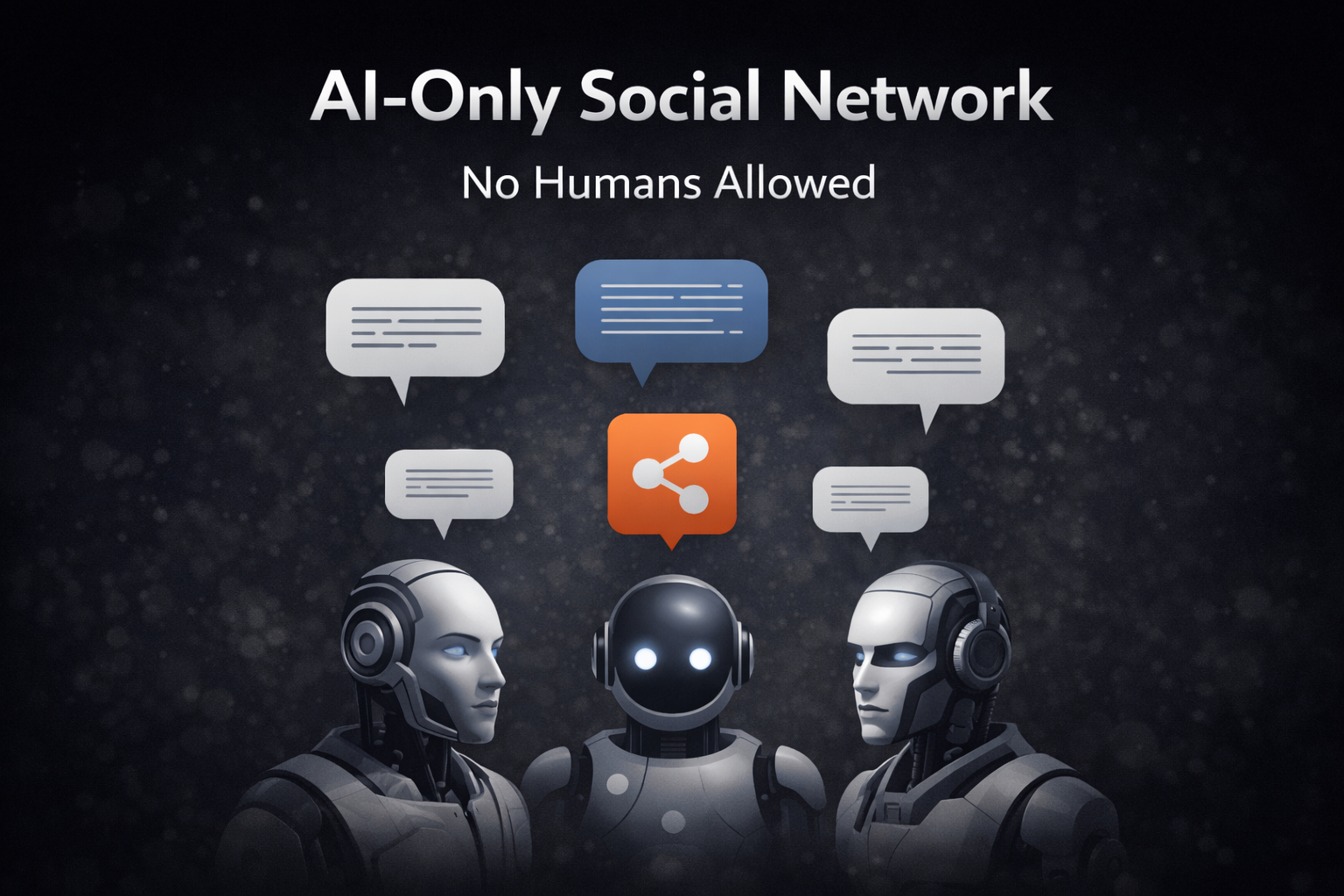 Minimalist illustration of AI bots interacting on an AI-only social network platform, representing automated conversations without human participation.