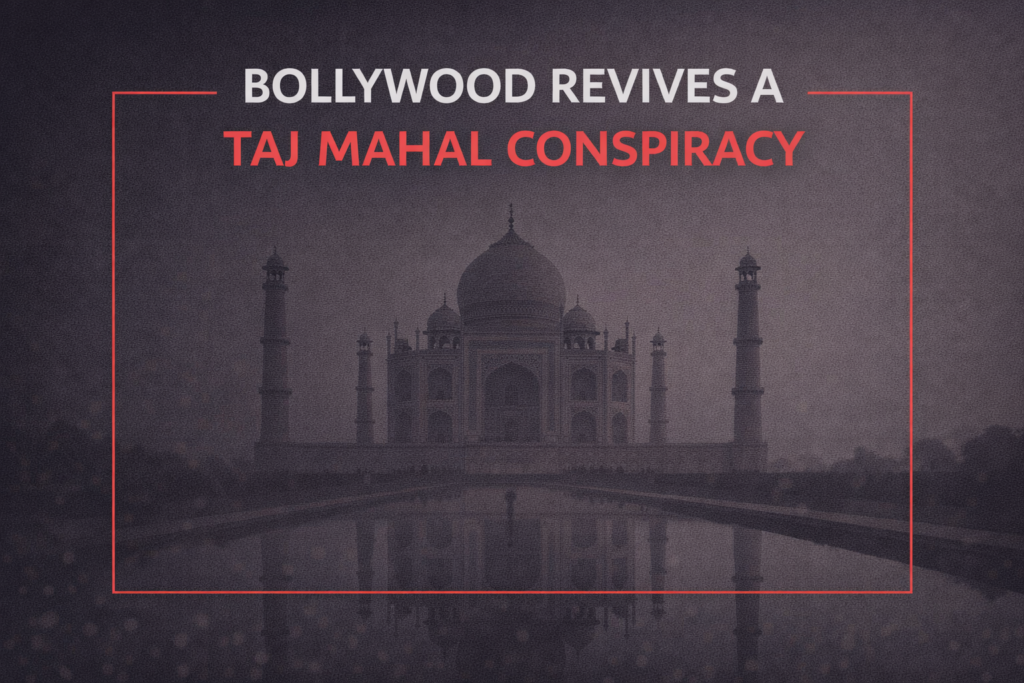 Minimalist cover image showing the Taj Mahal in grayscale with a centered headline about a Bollywood-fueled conspiracy theory, highlighted in red.