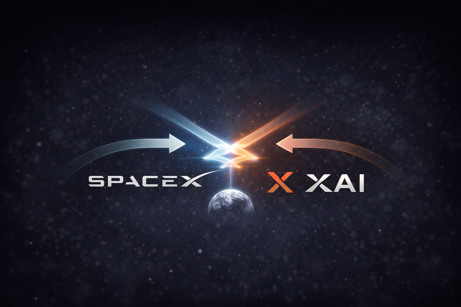Minimalist illustration representing the merger between SpaceX and xAI, showing two streams of light converging above Earth in space.