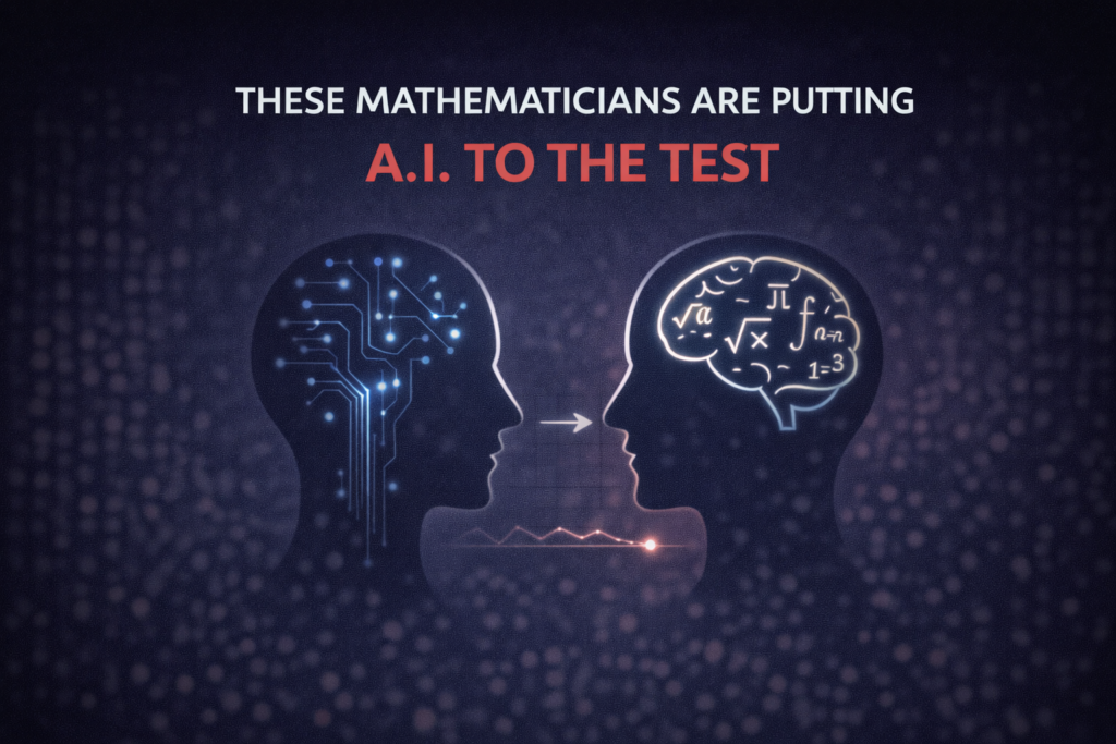Minimalist illustration showing a human mind facing an artificial intelligence system, symbolizing mathematicians evaluating the limits of AI in solving research-level problems.