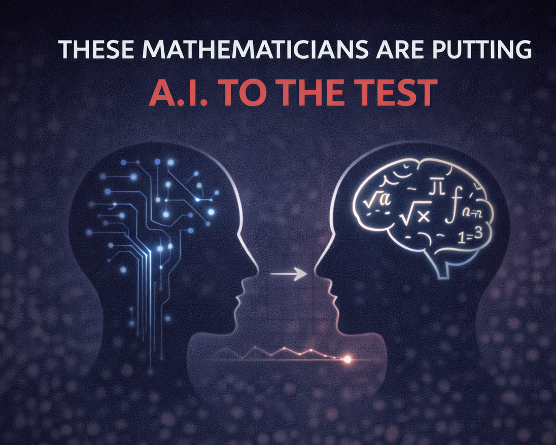 Minimalist illustration showing a human mind facing an artificial intelligence system, symbolizing mathematicians evaluating the limits of AI in solving research-level problems.