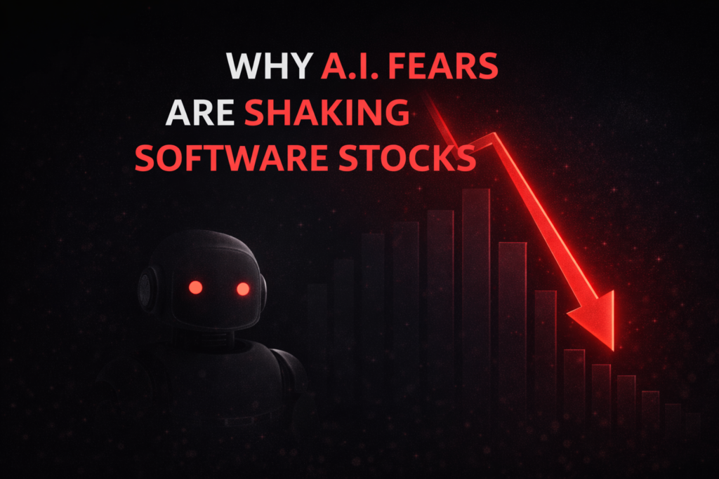 Minimalist illustration showing a downward market trend linked to AI fears, with subtle red accents on a dark background.