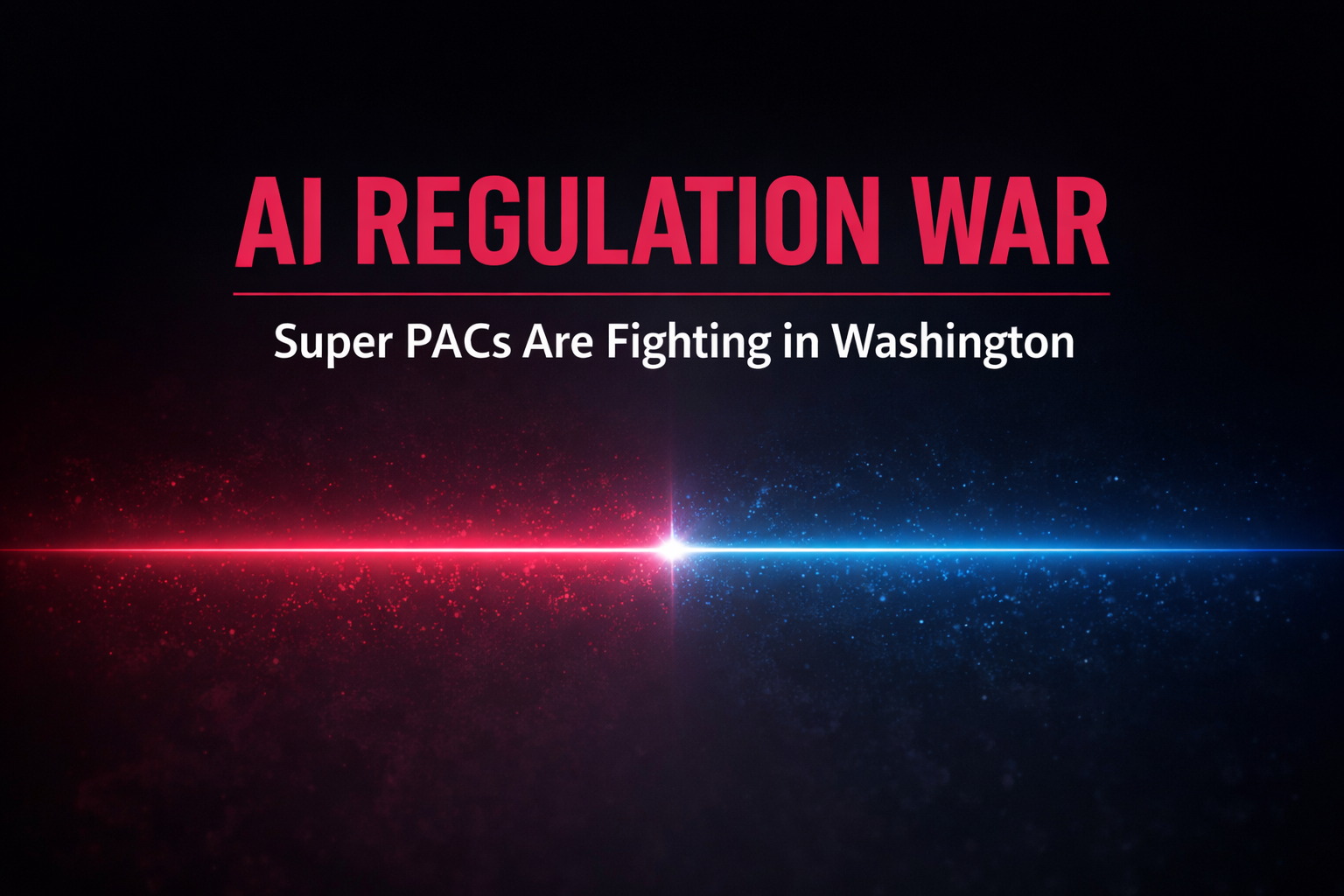 AI Regulation War headline centered over dark background with opposing red and blue light beams colliding in the middle