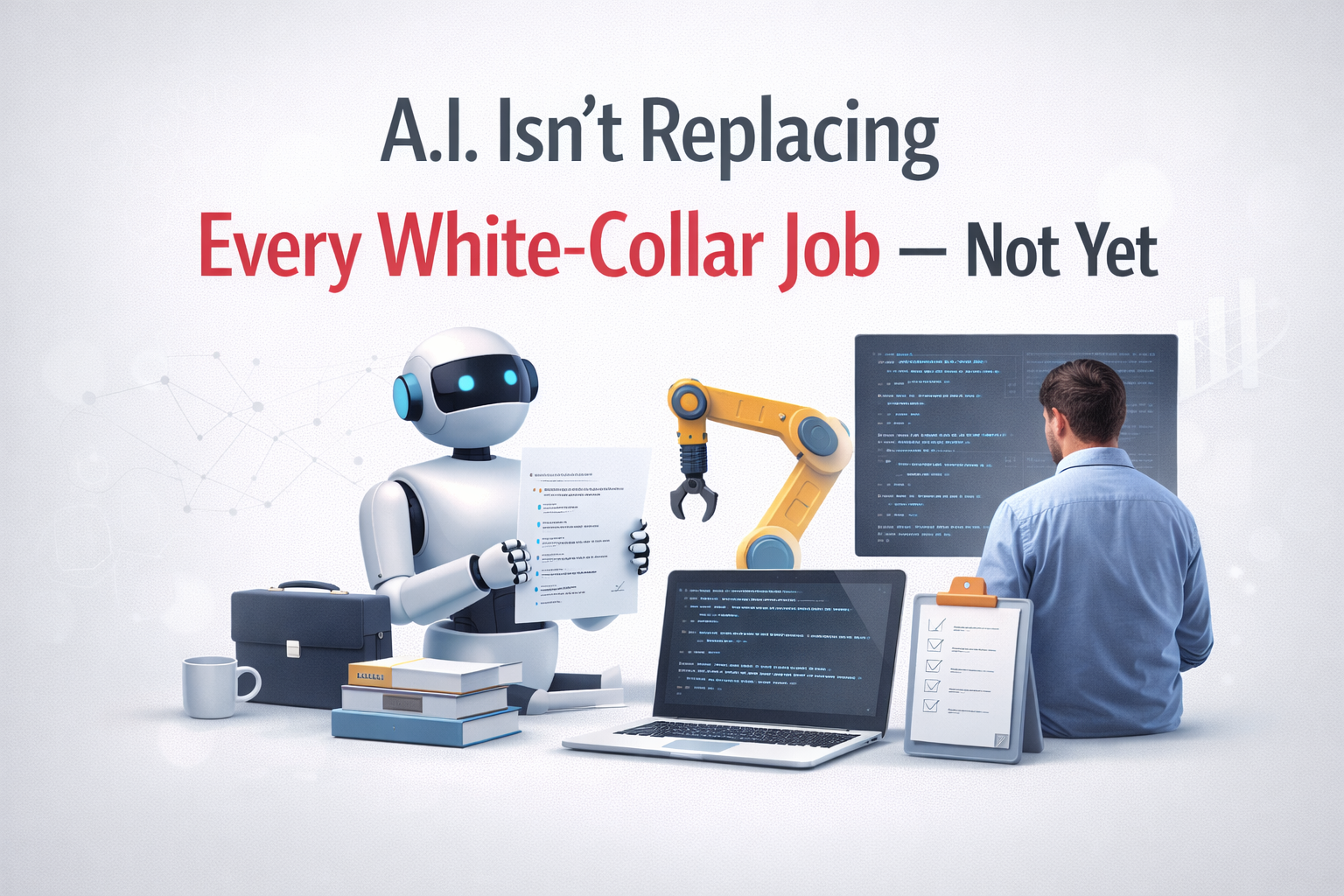 AI code generators assisting a white-collar worker, illustrating how artificial intelligence is transforming but not yet replacing professional jobs