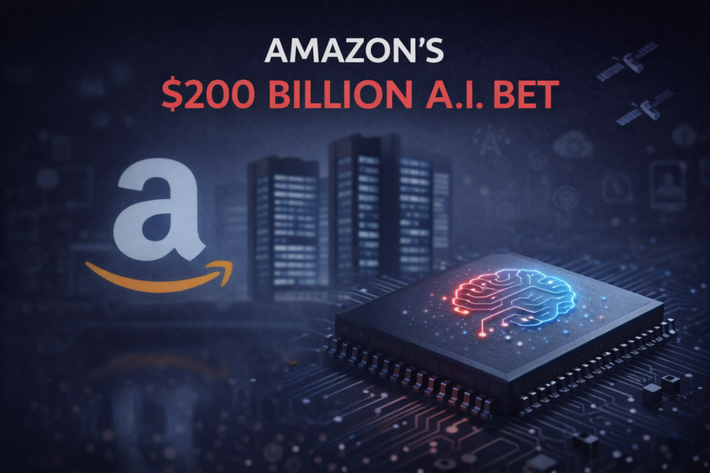 Minimalist editorial illustration representing Amazon’s $200 billion investment in artificial intelligence, with abstract data center structures and subtle red accents highlighting strategic growth.