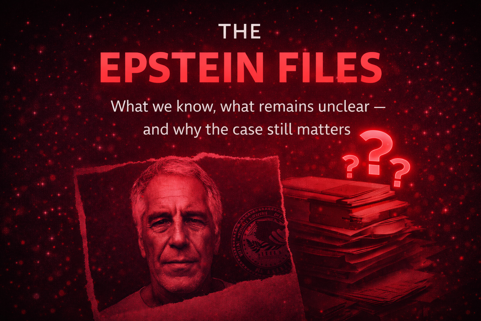 Minimalist investigative cover image illustrating The Epstein Files, featuring dark tones with deep red accents, documents, question marks, and a symbolic portrait representing secrecy, power, and unresolved allegations.