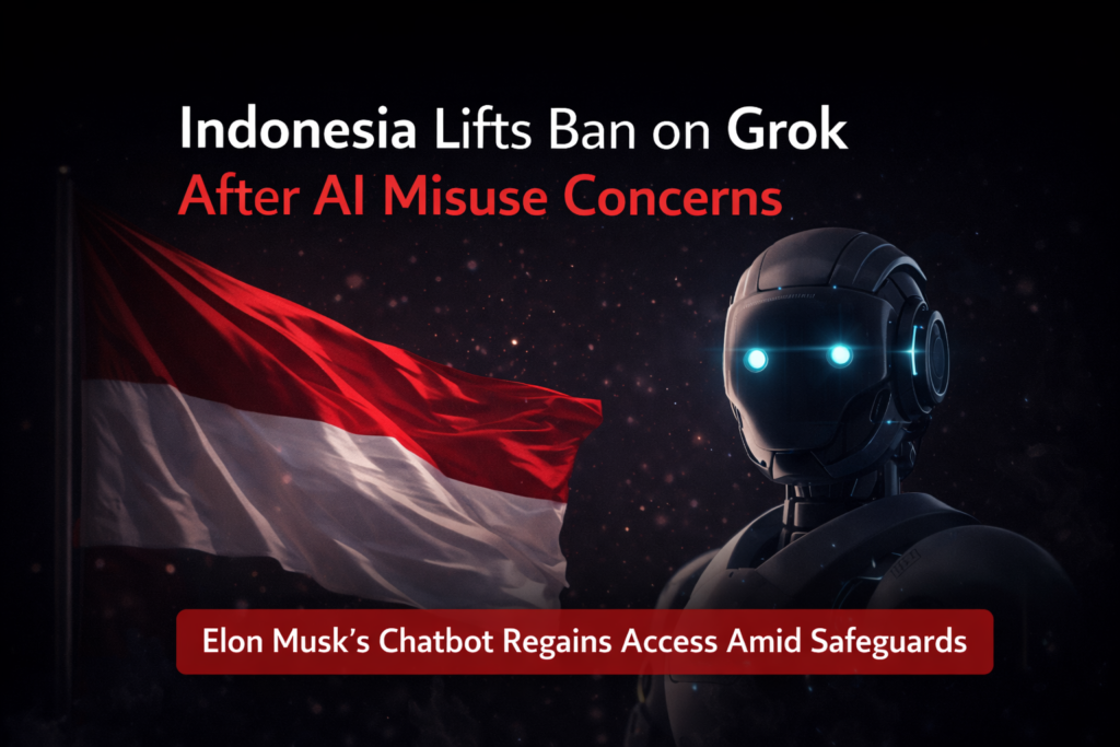 Digital illustration showing the Indonesian flag alongside a futuristic AI humanoid, symbolizing the lifting of Indonesia’s ban on the Grok AI chatbot amid concerns over AI misuse.