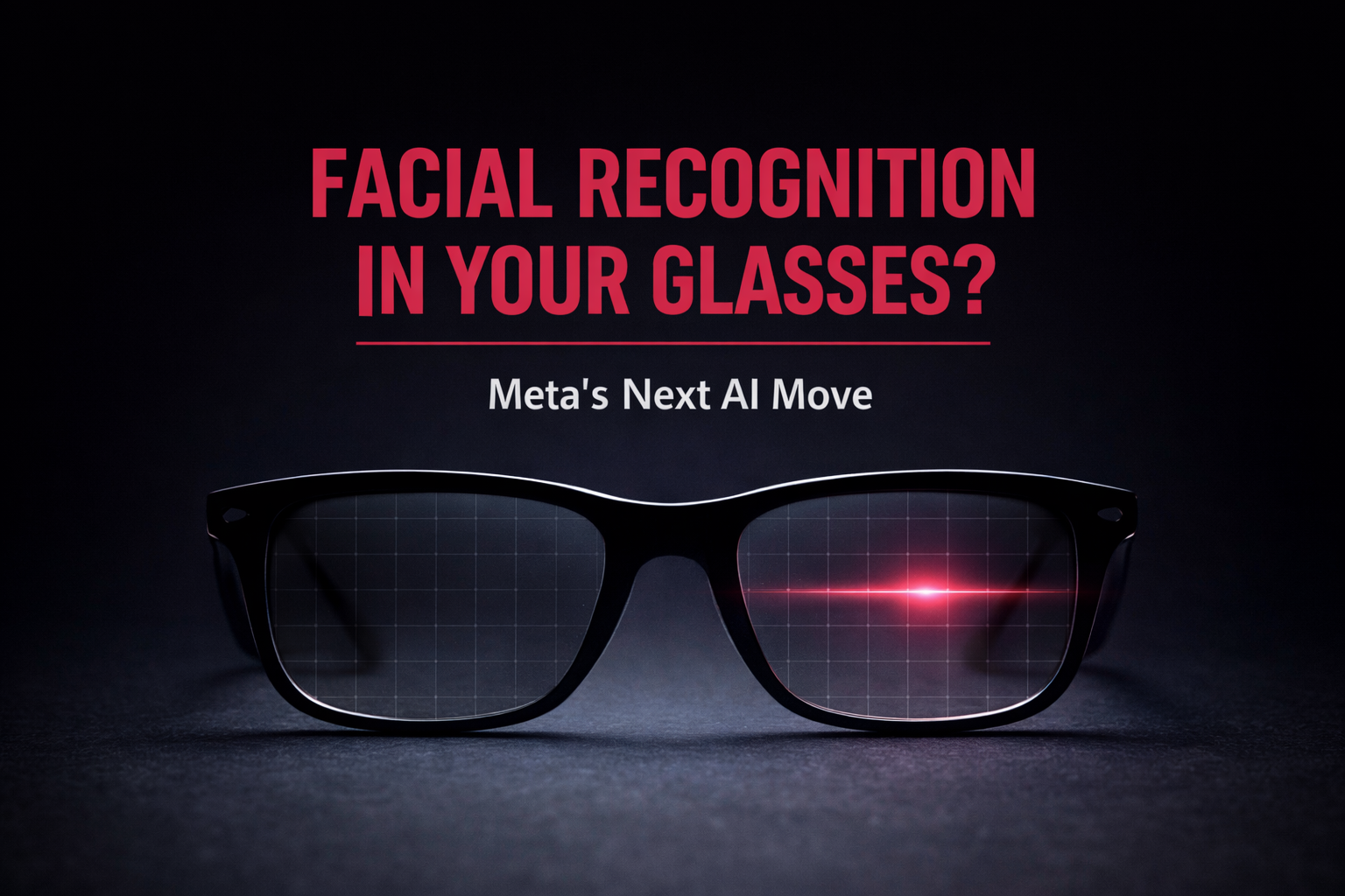 Meta smart glasses with facial recognition interface and red scanning light on dark background