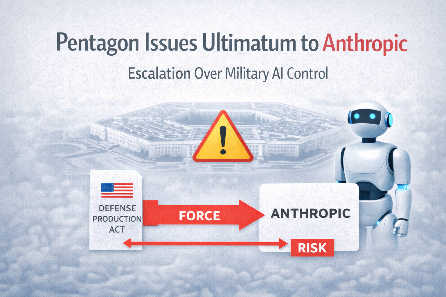Pentagon issues ultimatum to Anthropic over military AI control with minimalist editorial design and centered headline