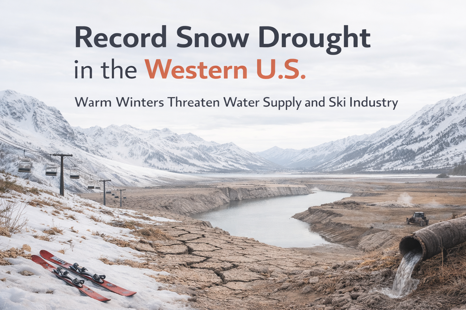 Minimalist landscape showing low snow levels in Western U.S. mountains, with exposed terrain, a depleted reservoir, and idle ski infrastructure, illustrating record snow drought conditions.