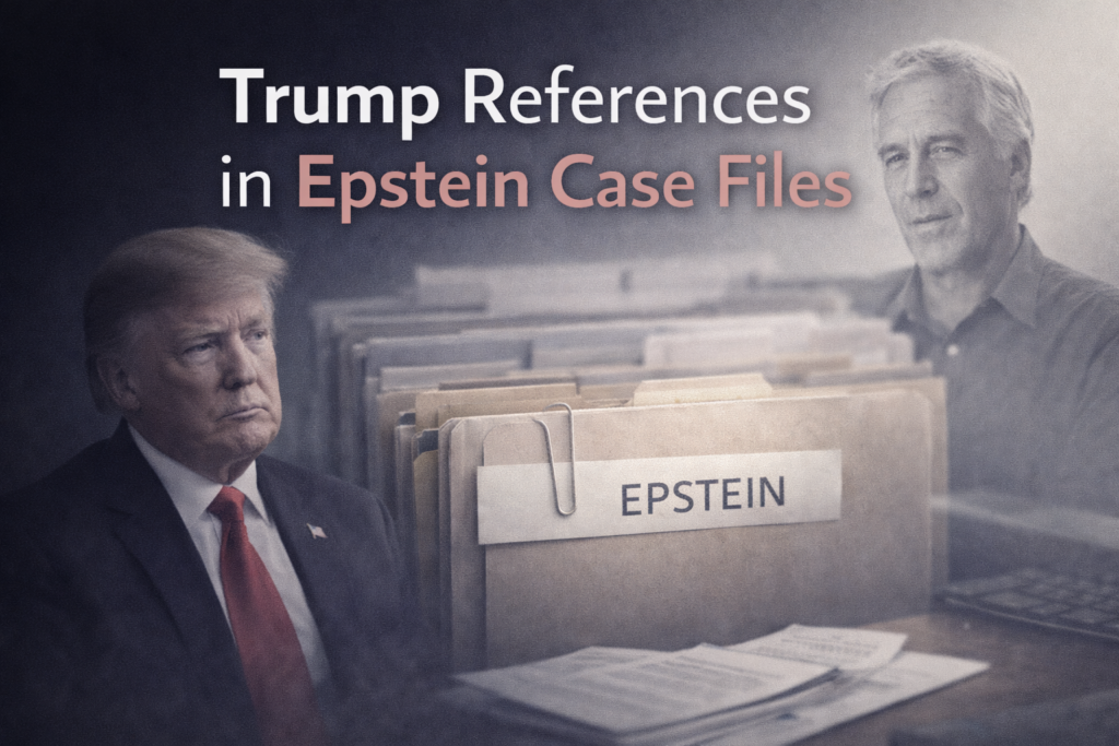 Trump and Epstein portrayed alongside confidential files representing references found in Epstein case documents