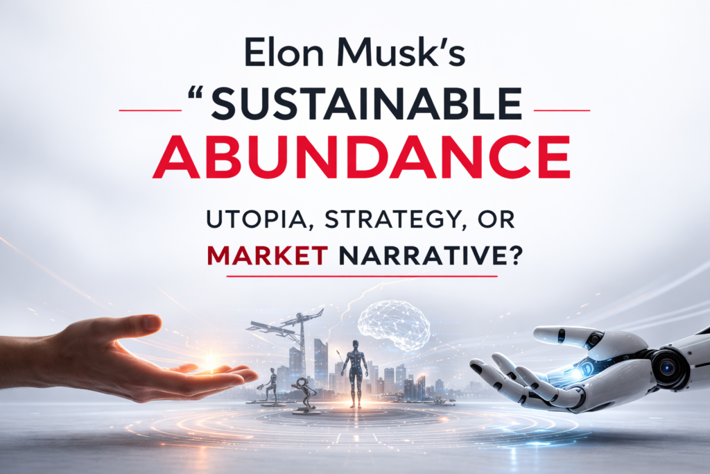 Elon Musk Sustainable Abundance concept illustrated with humanoid robot and futuristic AI city in minimalist editorial design