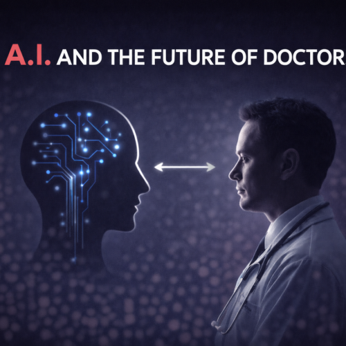 A minimalist illustration showing a doctor and an artificial intelligence system facing each other, symbolizing the evolving role of physicians in the age of A.I.