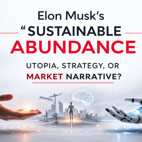 Elon Musk Sustainable Abundance concept illustrated with humanoid robot and futuristic AI city in minimalist editorial design