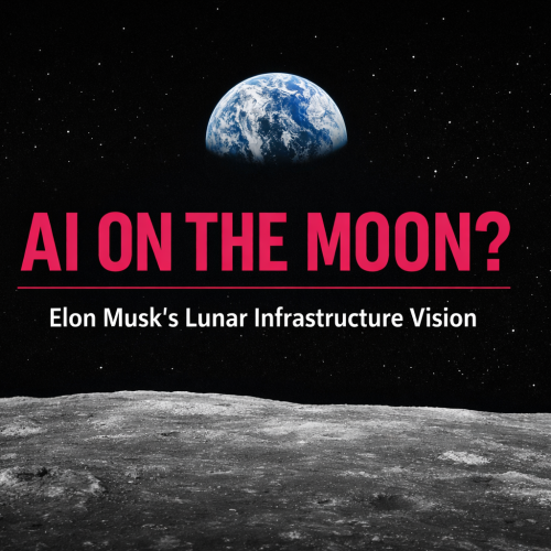 AI on the Moon headline over dark lunar surface with Earth in the background and minimalist pink typography