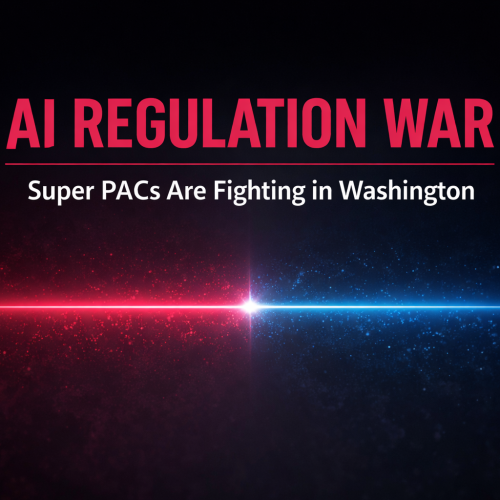 AI Regulation War headline centered over dark background with opposing red and blue light beams colliding in the middle