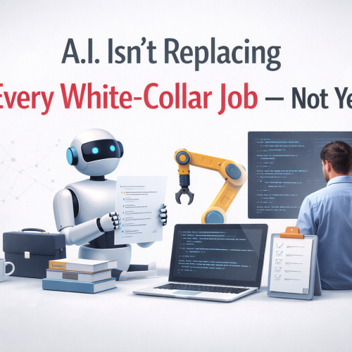 AI code generators assisting a white-collar worker, illustrating how artificial intelligence is transforming but not yet replacing professional jobs