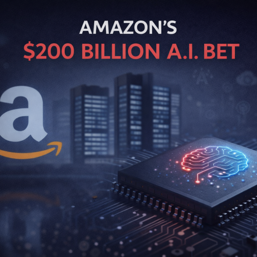 Minimalist editorial illustration representing Amazon’s $200 billion investment in artificial intelligence, with abstract data center structures and subtle red accents highlighting strategic growth.