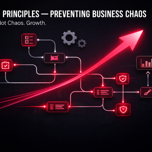 Diagram illustrating big tech principles, structured workflows, security, and process optimization leading to scalable business growth