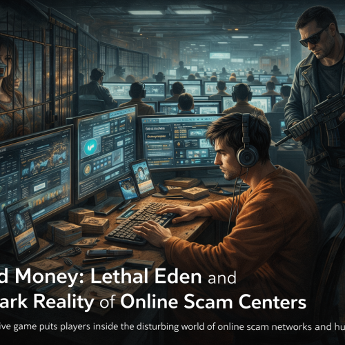A fictional depiction of an online scam center inspired by the game Blood Money: Lethal Eden, highlighting forced digital fraud operations
