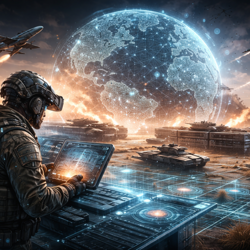 Cyber warfare integrated with traditional military operations, illustrating how digital attacks are becoming part of modern military strategy.