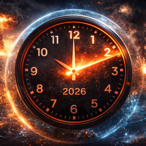 Digital illustration of the Doomsday Clock set at 85 seconds to midnight, symbolizing global risks such as nuclear war, climate change, artificial intelligence and geopolitical conflict in 2026