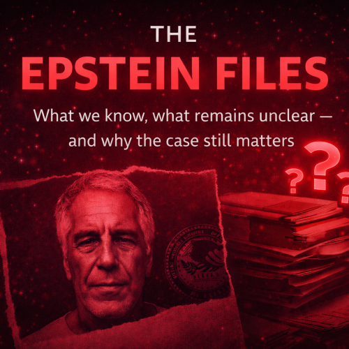 Minimalist investigative cover image illustrating The Epstein Files, featuring dark tones with deep red accents, documents, question marks, and a symbolic portrait representing secrecy, power, and unresolved allegations.