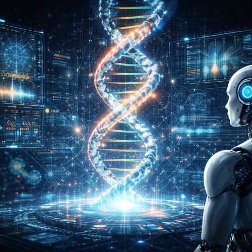 AI system analyzing complex human DNA sequences to understand genetic regulation