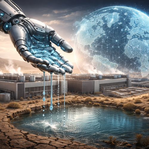 Illustration showing the environmental impact of artificial intelligence, with data centers consuming water in a drought-affected landscape