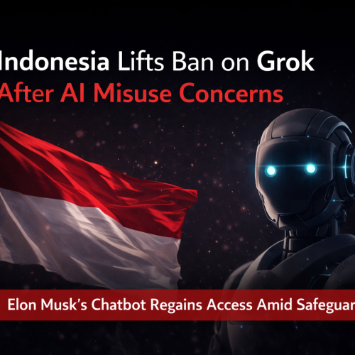Digital illustration showing the Indonesian flag alongside a futuristic AI humanoid, symbolizing the lifting of Indonesia’s ban on the Grok AI chatbot amid concerns over AI misuse.