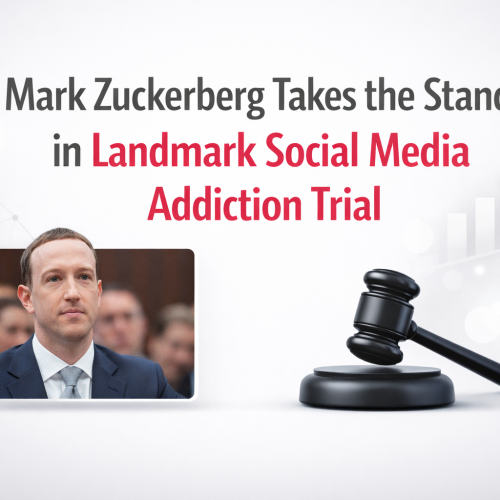 Editorial cover image with the headline “Mark Zuckerberg Takes the Stand in Landmark Social Media Addiction Trial,” centered in a minimalist layout with judicial symbolism and professional design elements.