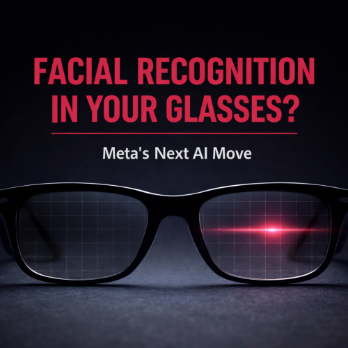 Meta smart glasses with facial recognition interface and red scanning light on dark background