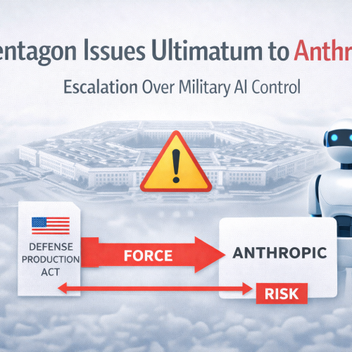 Pentagon issues ultimatum to Anthropic over military AI control with minimalist editorial design and centered headline