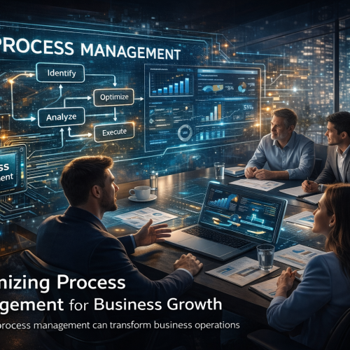 Process management visualization showing teams optimizing workflows with technology